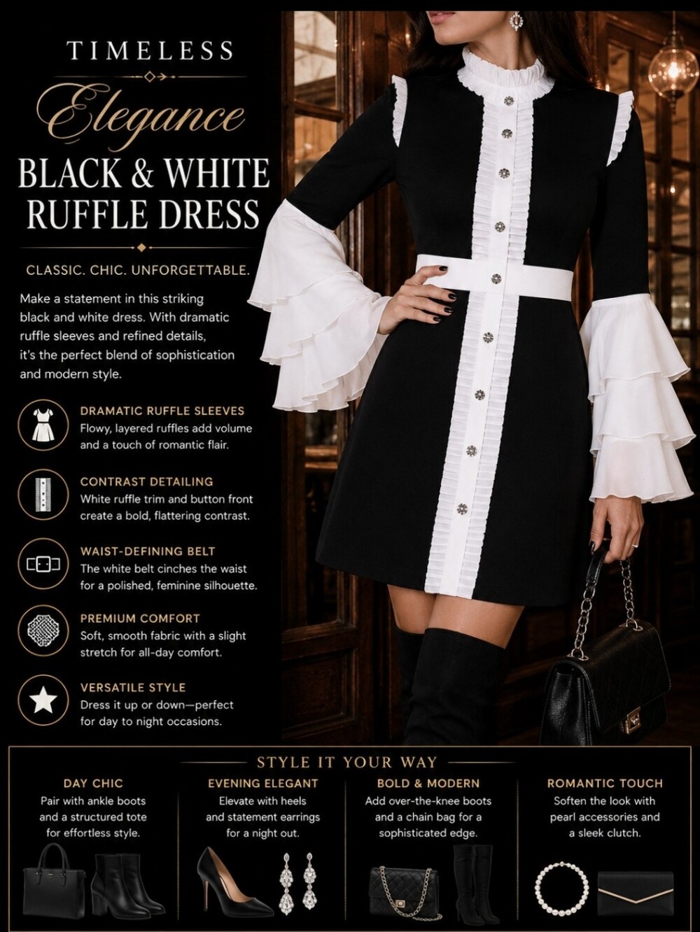Elegant Black and White Ruffle Dress
